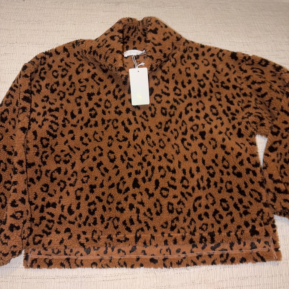 Corey Lynn Calter Anthropologie Evie Mockneck Sweater Leopard Sherpa Fleece S